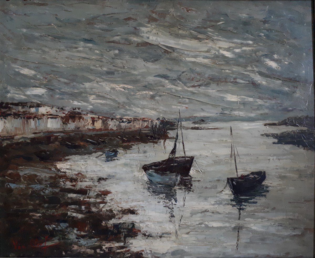 Robert Van Cleef (1914-?) Oil On Panel Seascape Seascape Seaside Boats-photo-2