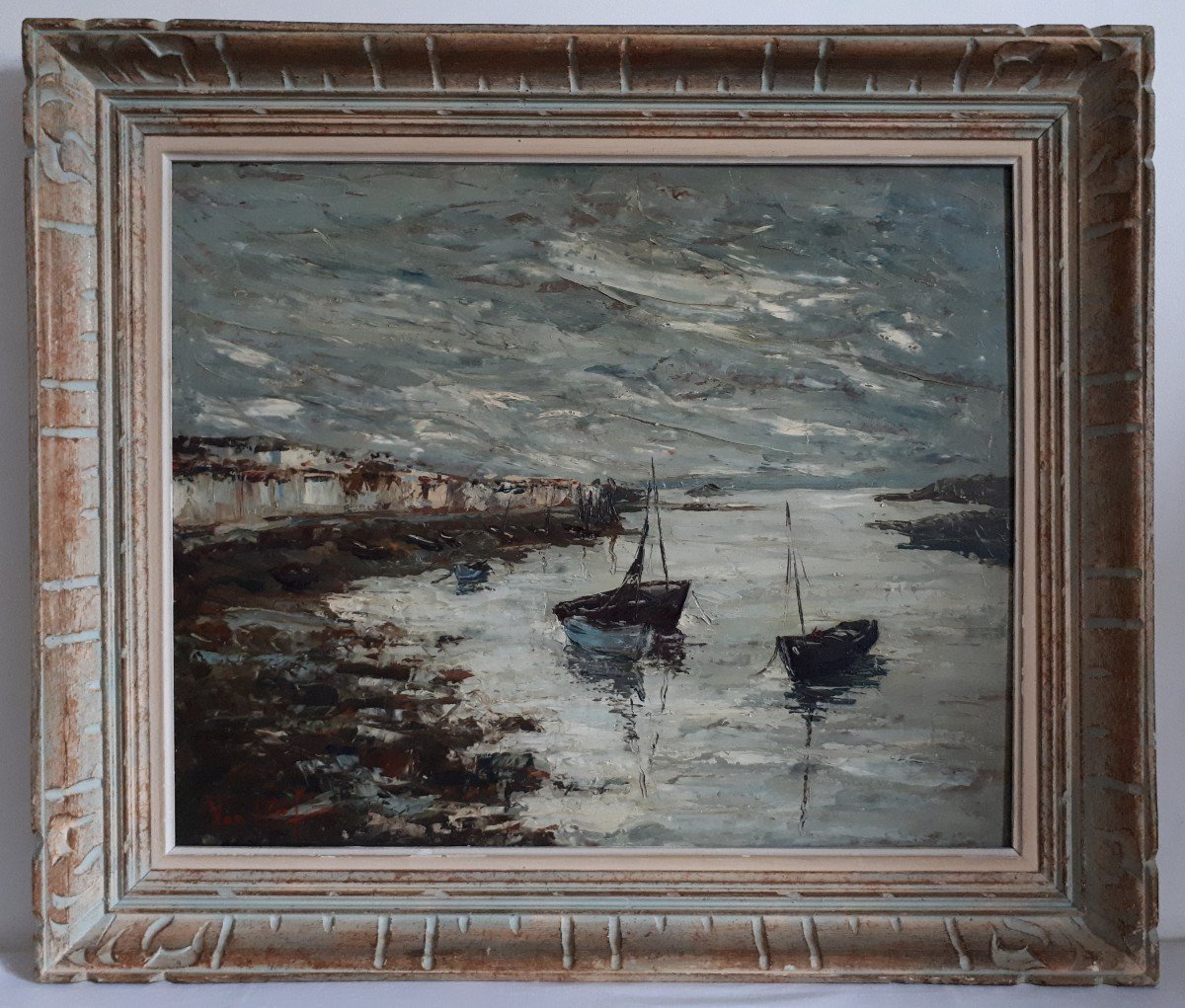 Robert Van Cleef (1914-?) Oil On Panel Seascape Seascape Seaside Boats