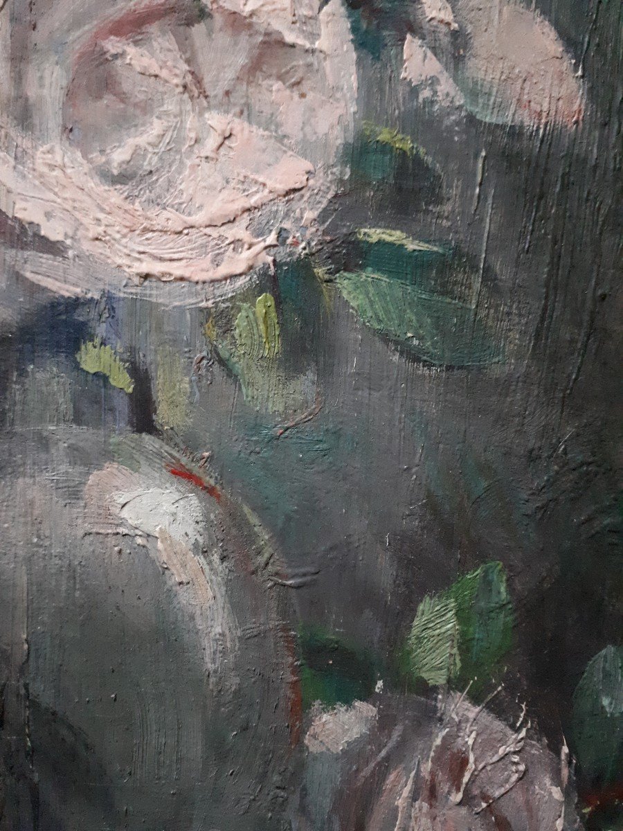 Gaston PLOQUIN (1882-1970) huile sur bois nature morte bouquet de roses fleurs-photo-4
