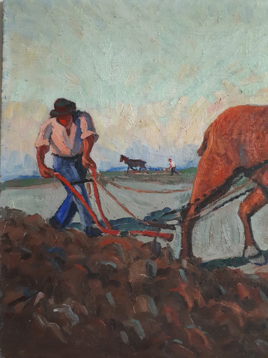Louis Audibert (1880-1983) Oil On Canvas Horse Plowing Plowman-photo-2