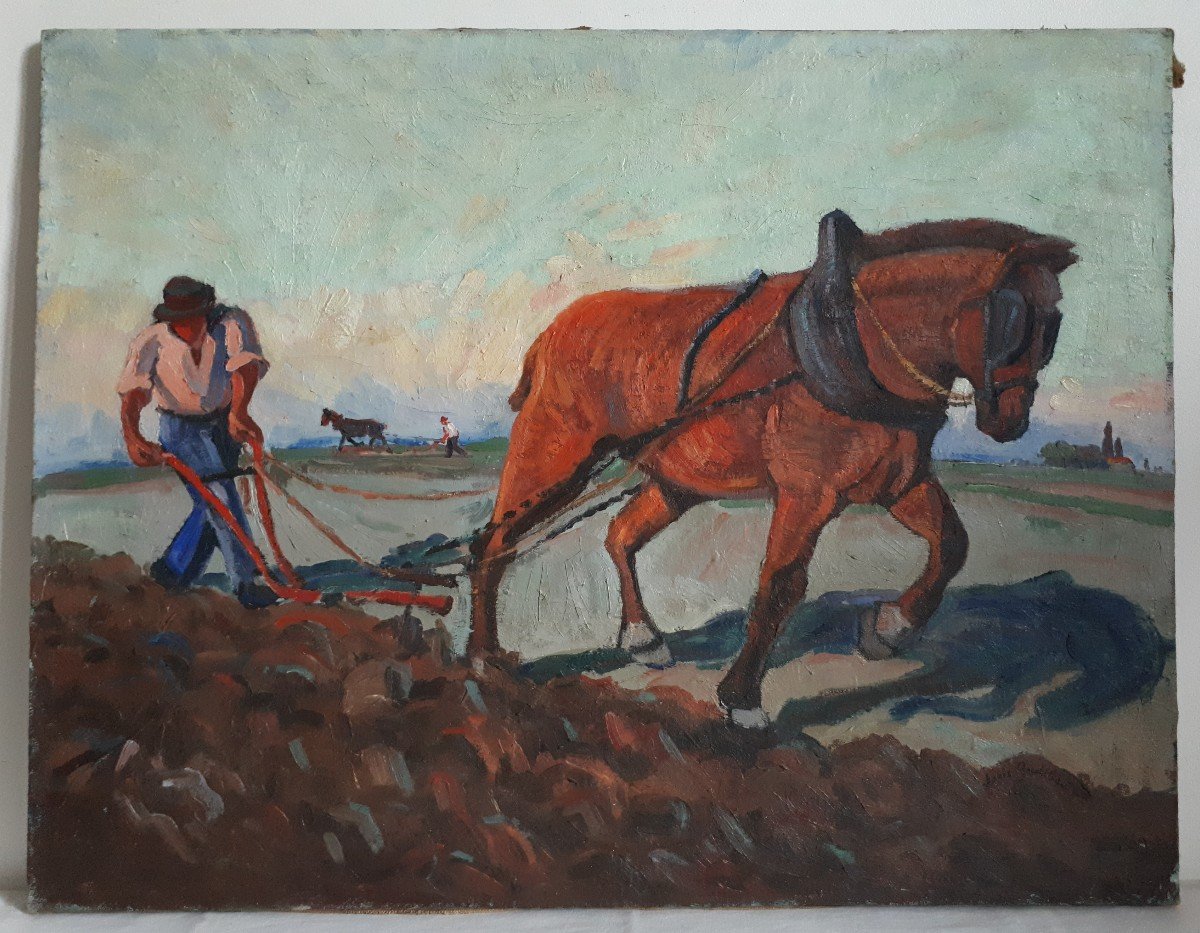 Louis Audibert (1880-1983) Oil On Canvas Horse Plowing Plowman