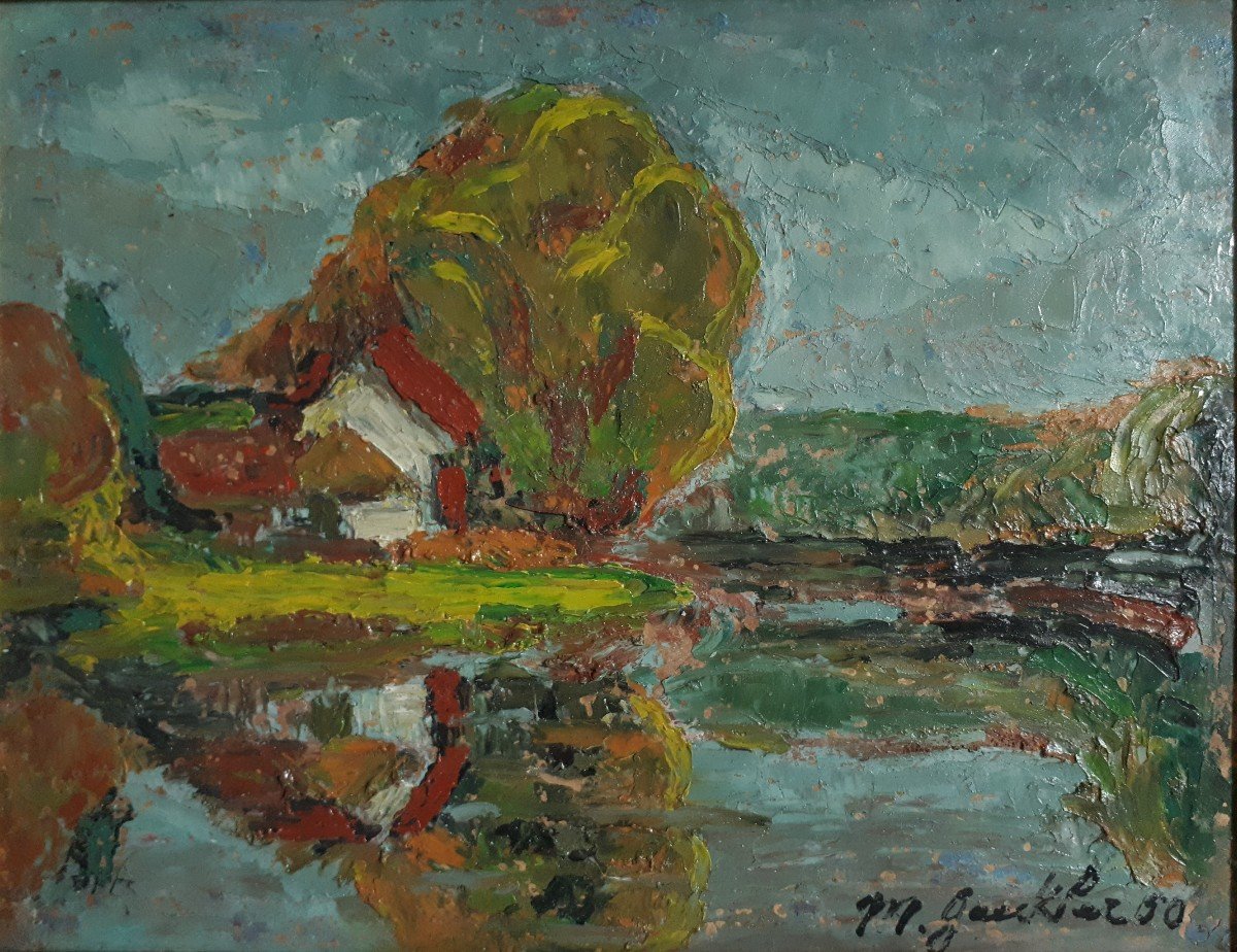 Madeleine Gaeckler (born In 1911) Oil On Panel Lake Landscape 1950-photo-2