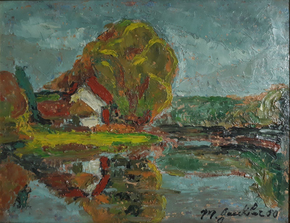 Madeleine GAECKLER (née en 1911) huile sur panneau paysage lacustre 1950-photo-2