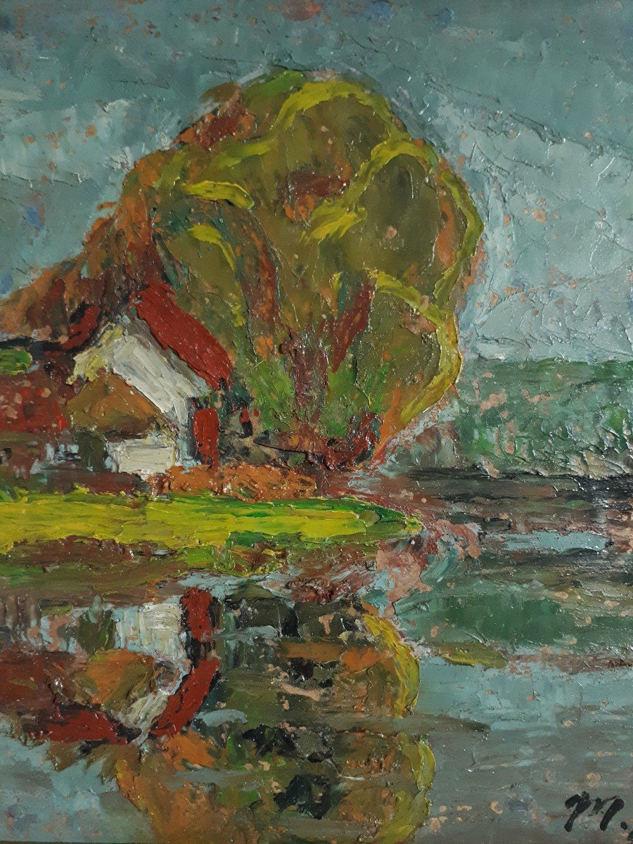 Madeleine Gaeckler (born In 1911) Oil On Panel Lake Landscape 1950-photo-4