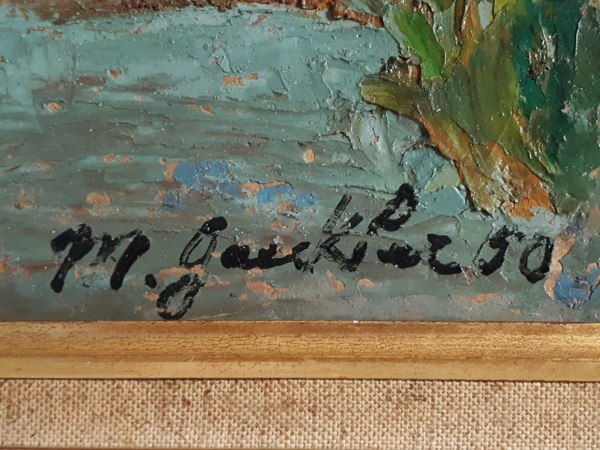 Madeleine GAECKLER (née en 1911) huile sur panneau paysage lacustre 1950-photo-7