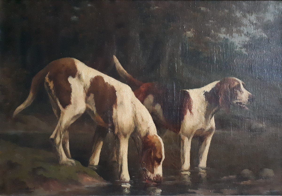M. GUILLEBERT huile sur toile portrait chiens de chasse braques Saint-Germain-photo-2