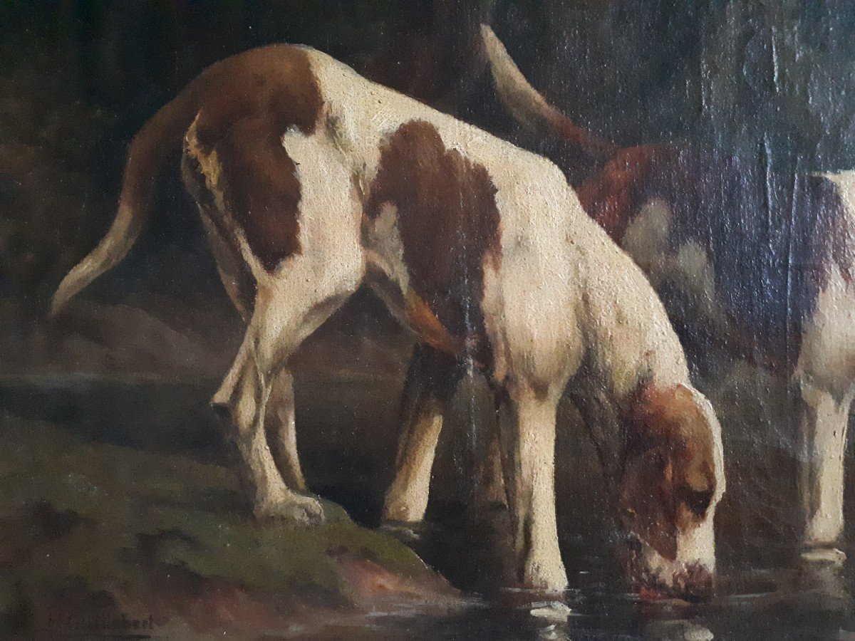 M. GUILLEBERT huile sur toile portrait chiens de chasse braques Saint-Germain-photo-3