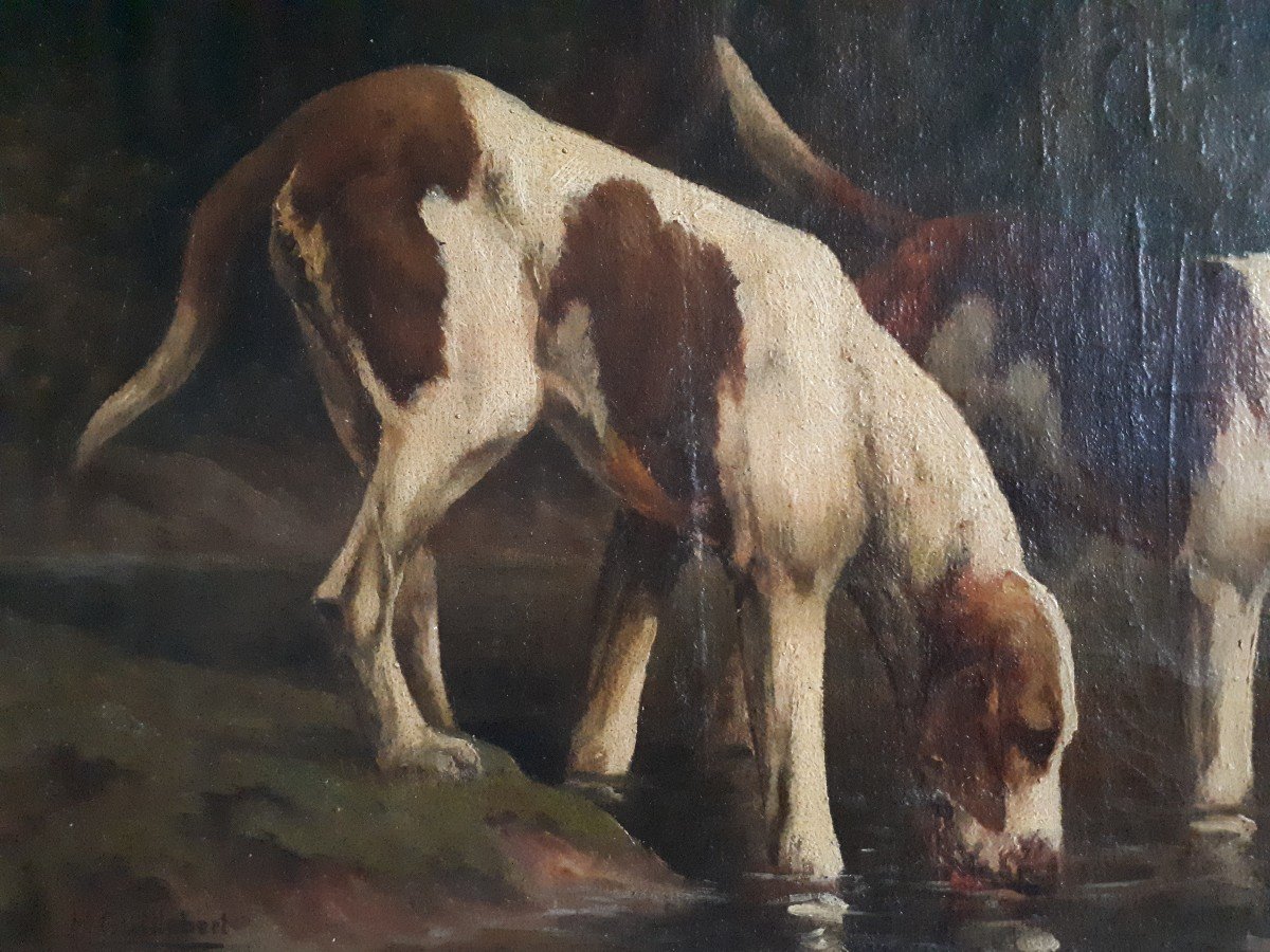 M. GUILLEBERT huile sur toile portrait chiens de chasse braques Saint-Germain-photo-3