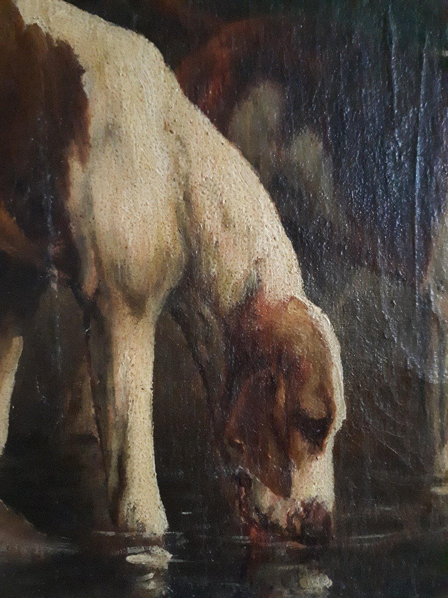 M. GUILLEBERT huile sur toile portrait chiens de chasse braques Saint-Germain-photo-2