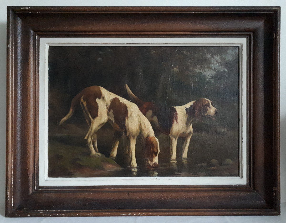 M. GUILLEBERT huile sur toile portrait chiens de chasse braques Saint-Germain