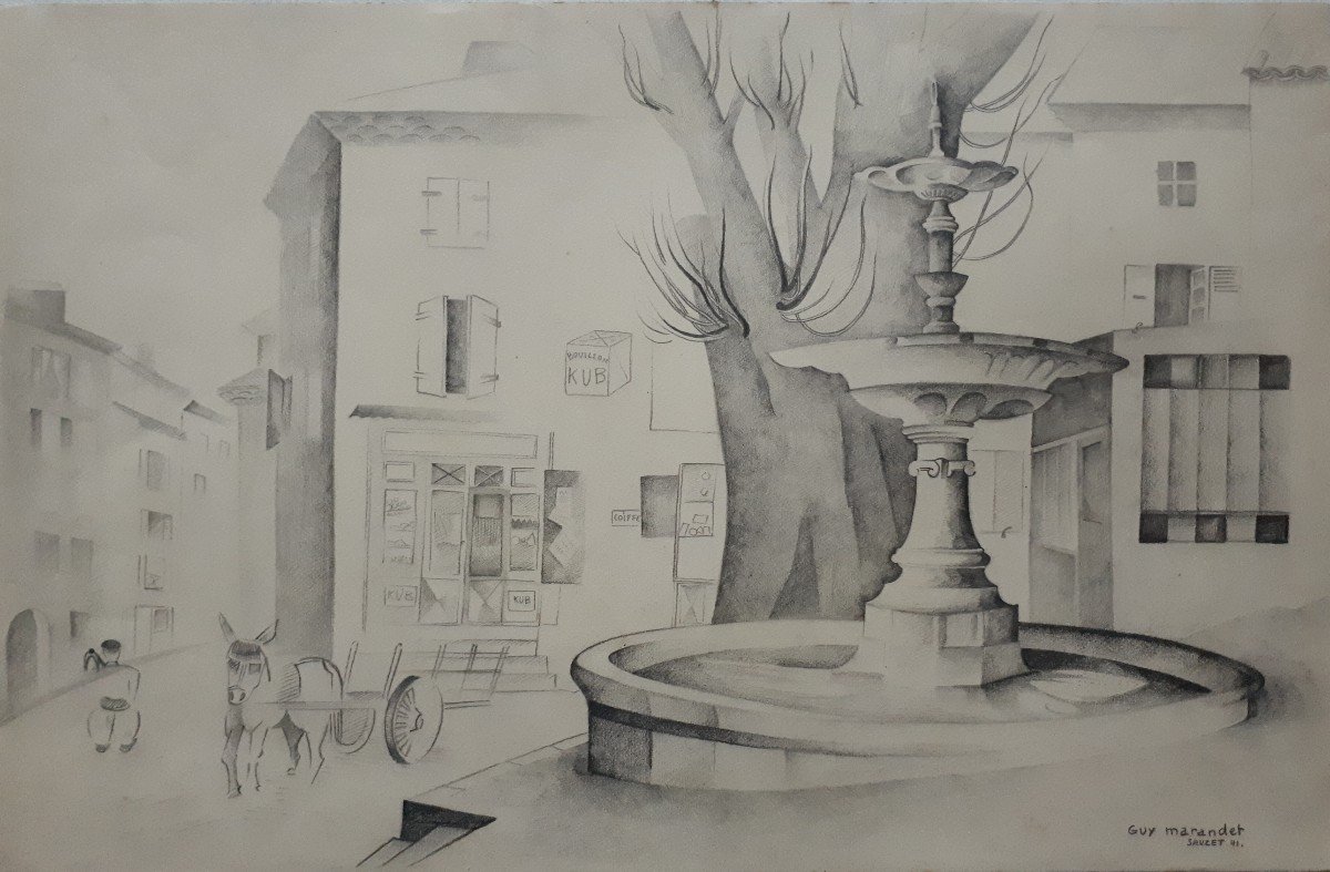 Guy Marandet (1917-2011) Drawing View Of Sauzet Drôme 1941