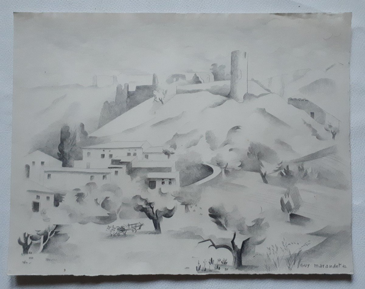 Guy Marandet (1917-2011) Drôme Landscape Drawing 1942-photo-2