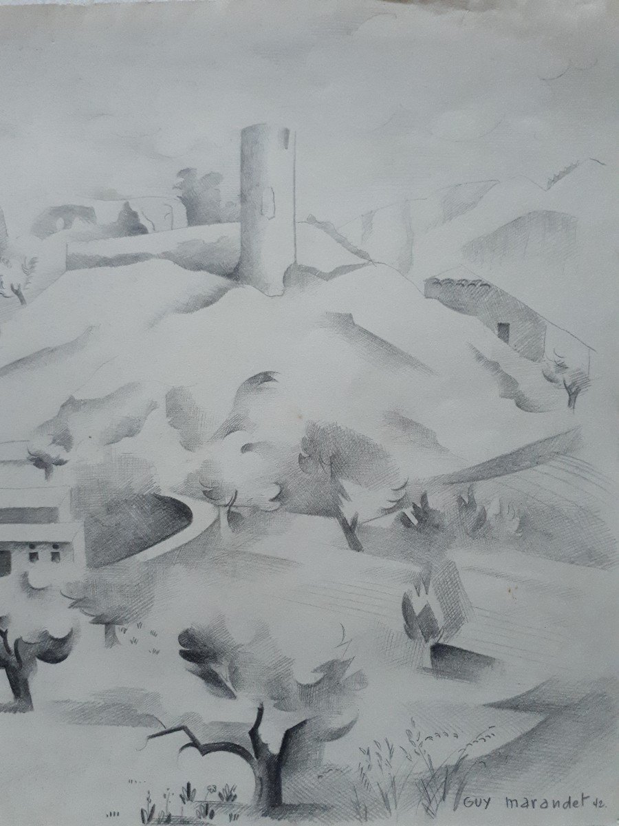 Guy Marandet (1917-2011) Drôme Landscape Drawing 1942-photo-4