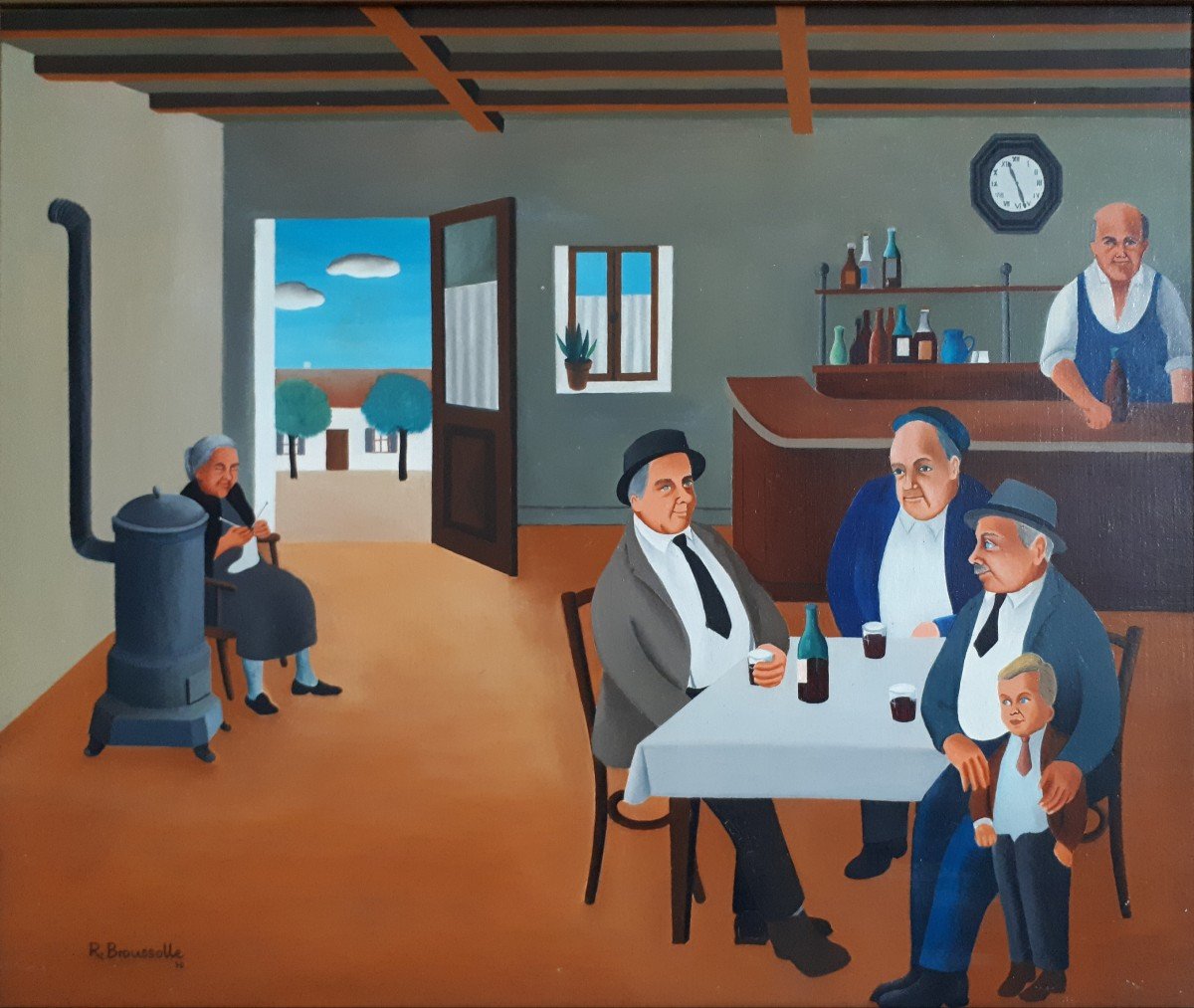 Robert BROUSSOLLE (né en 1931) huile sur toile Art naïf scène de bar bistrot 1970-photo-2