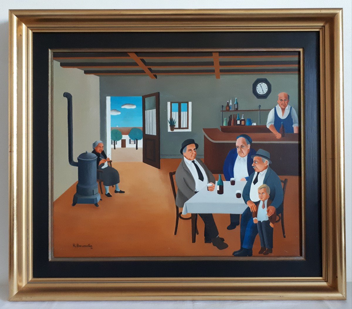 Robert BROUSSOLLE (né en 1931) huile sur toile Art naïf scène de bar bistrot 1970