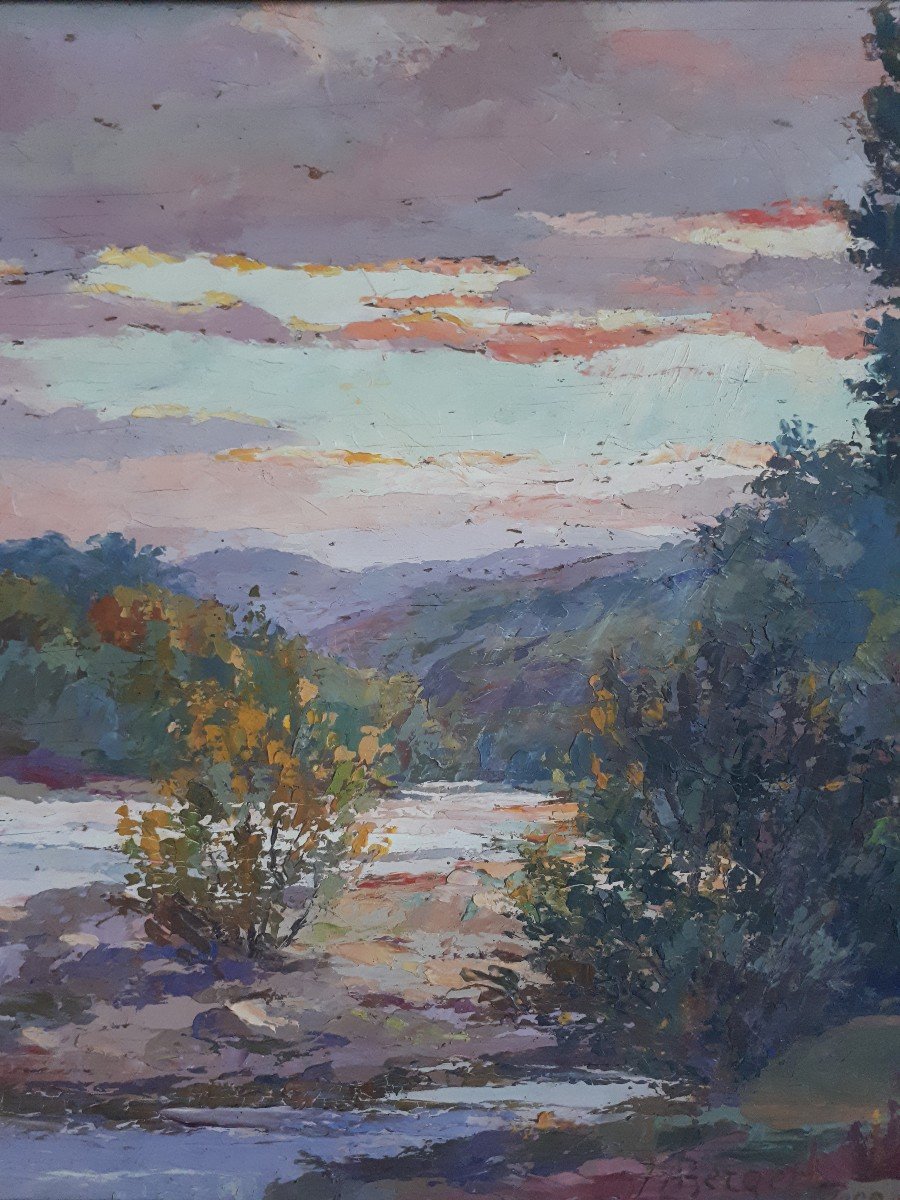 Huile sur bois paysage lacustre - La Loire à Villerest - A. BERGER 1930-photo-3