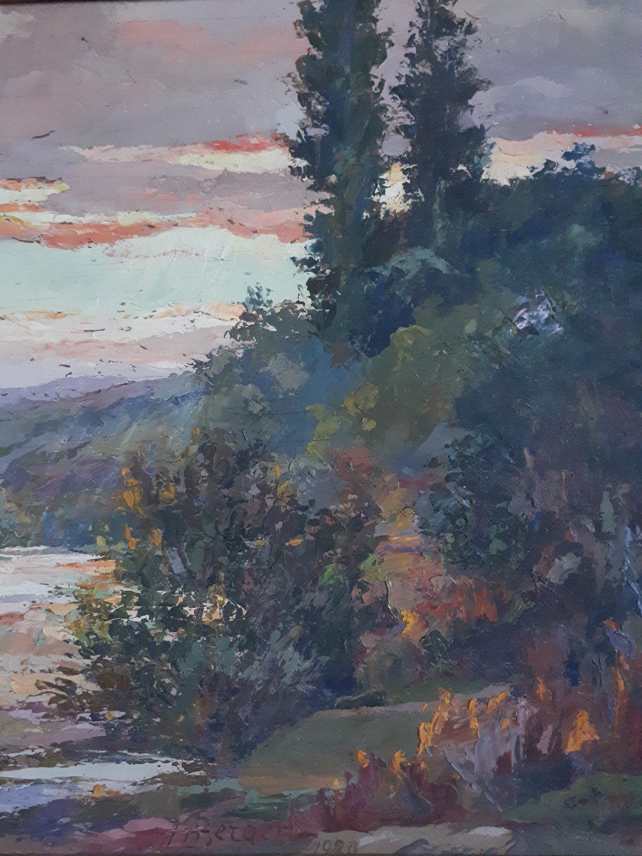 Huile sur bois paysage lacustre - La Loire à Villerest - A. BERGER 1930-photo-4