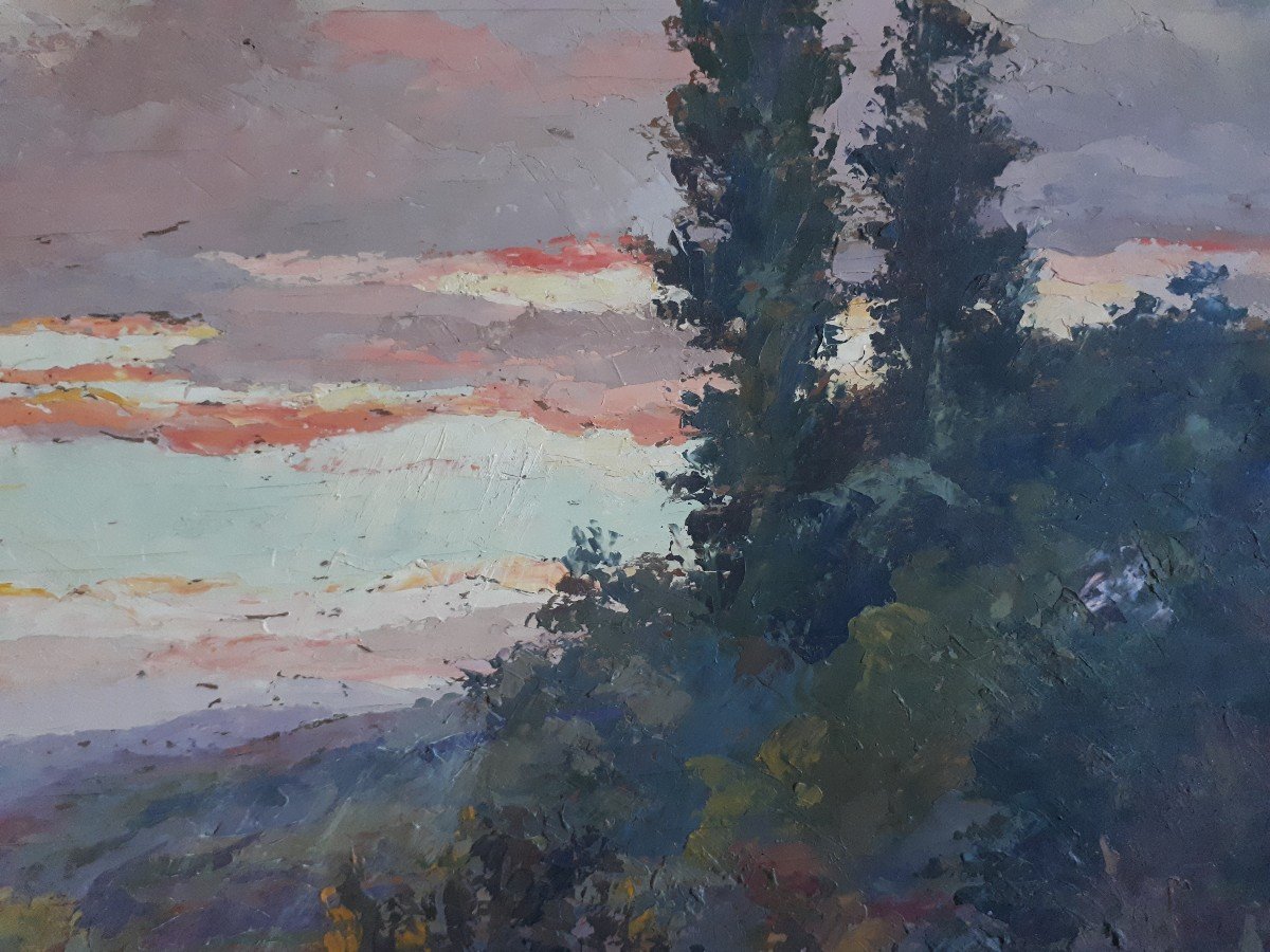 Huile sur bois paysage lacustre - La Loire à Villerest - A. BERGER 1930-photo-2