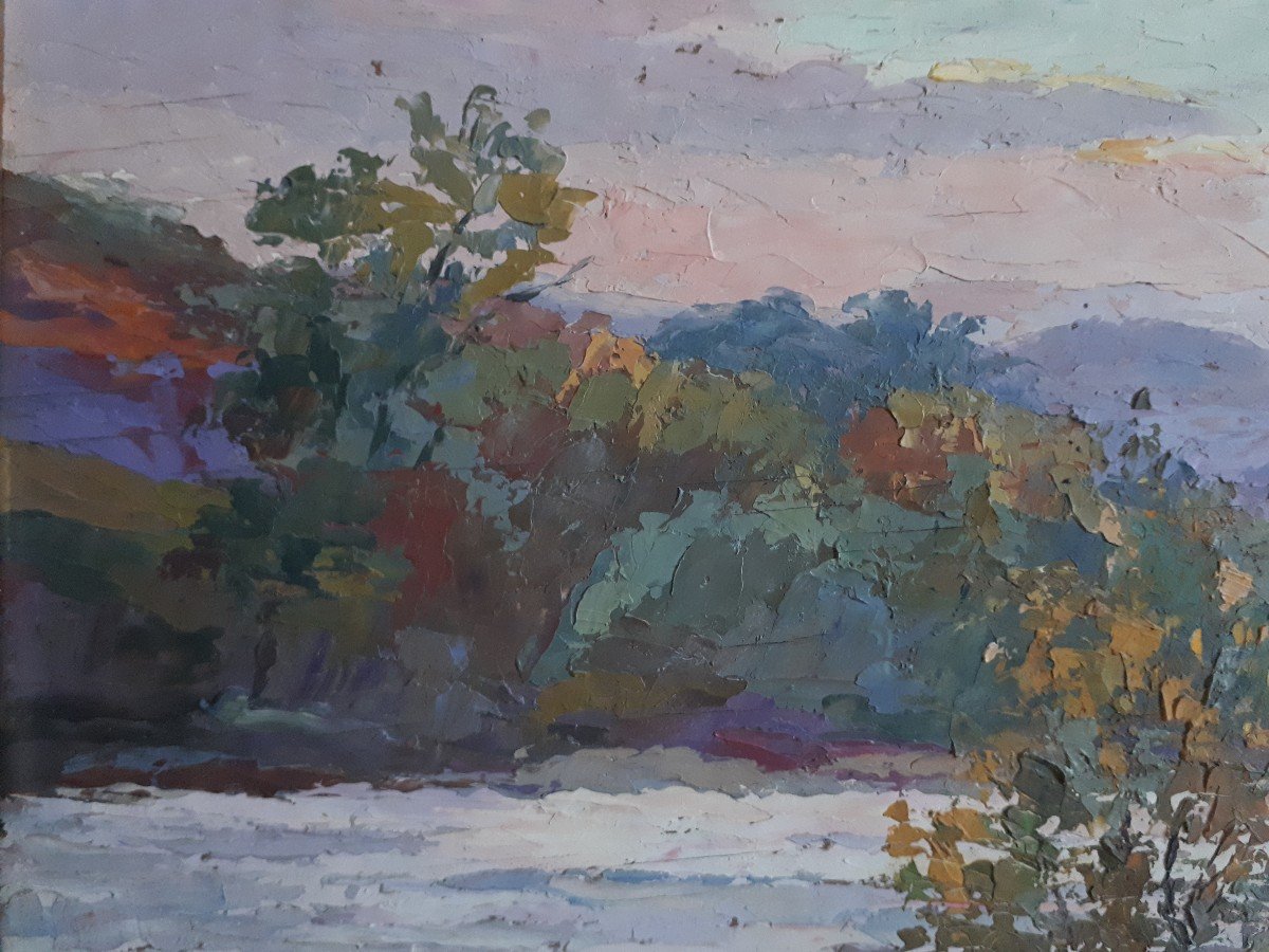Huile sur bois paysage lacustre - La Loire à Villerest - A. BERGER 1930-photo-3