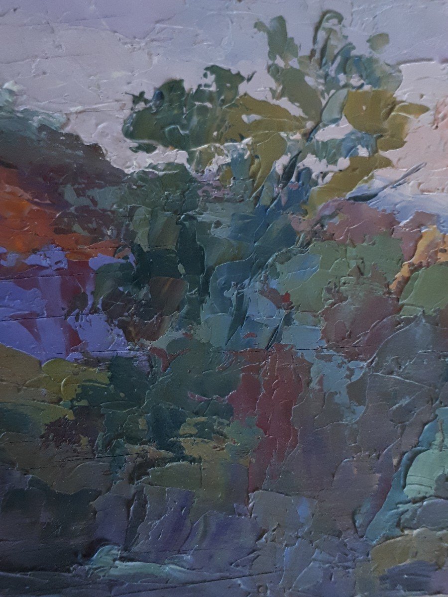 Huile sur bois paysage lacustre - La Loire à Villerest - A. BERGER 1930-photo-5