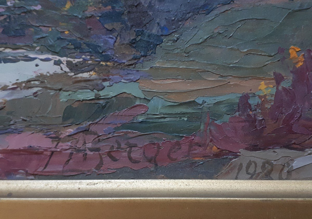 Huile sur bois paysage lacustre - La Loire à Villerest - A. BERGER 1930-photo-7