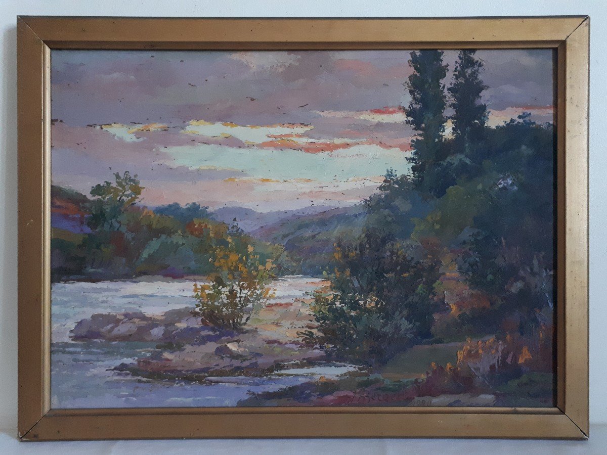 Huile sur bois paysage lacustre - La Loire à Villerest - A. BERGER 1930