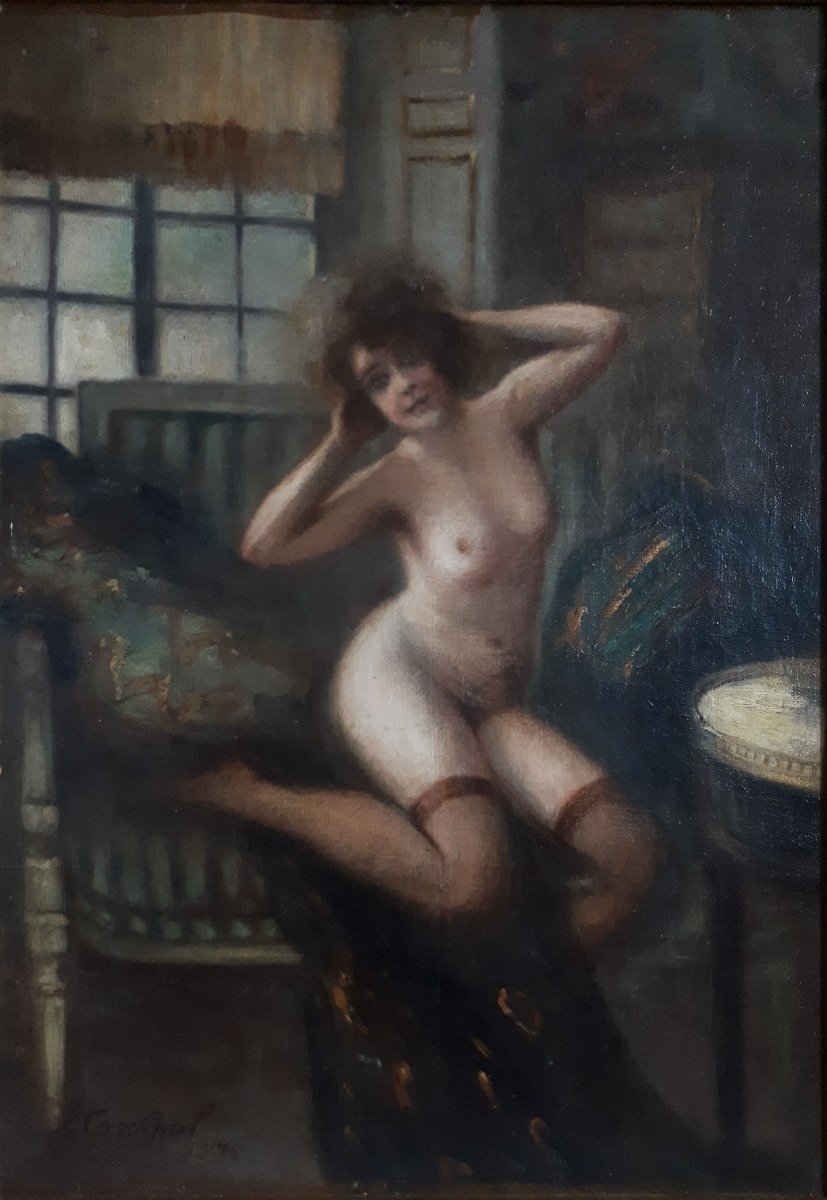 E. CARDINAL nu féminin dans un intérieur femme nue huile sur toile 1914-photo-2