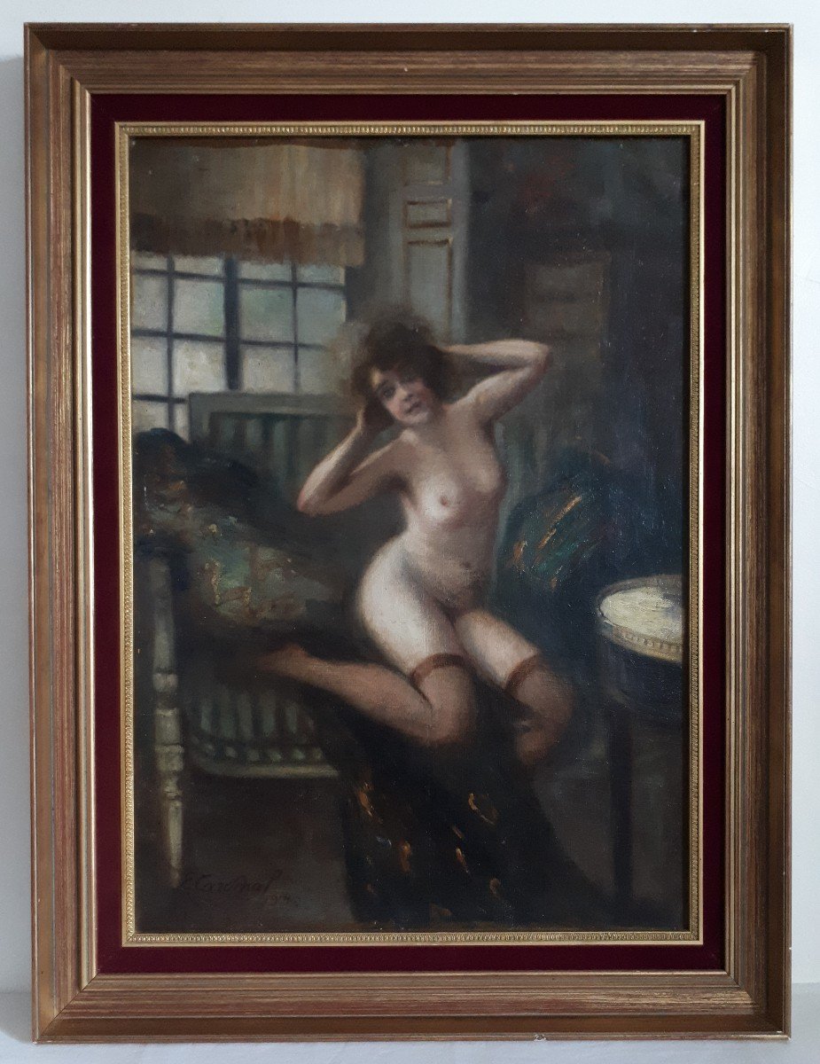 E. CARDINAL nu féminin dans un intérieur femme nue huile sur toile 1914