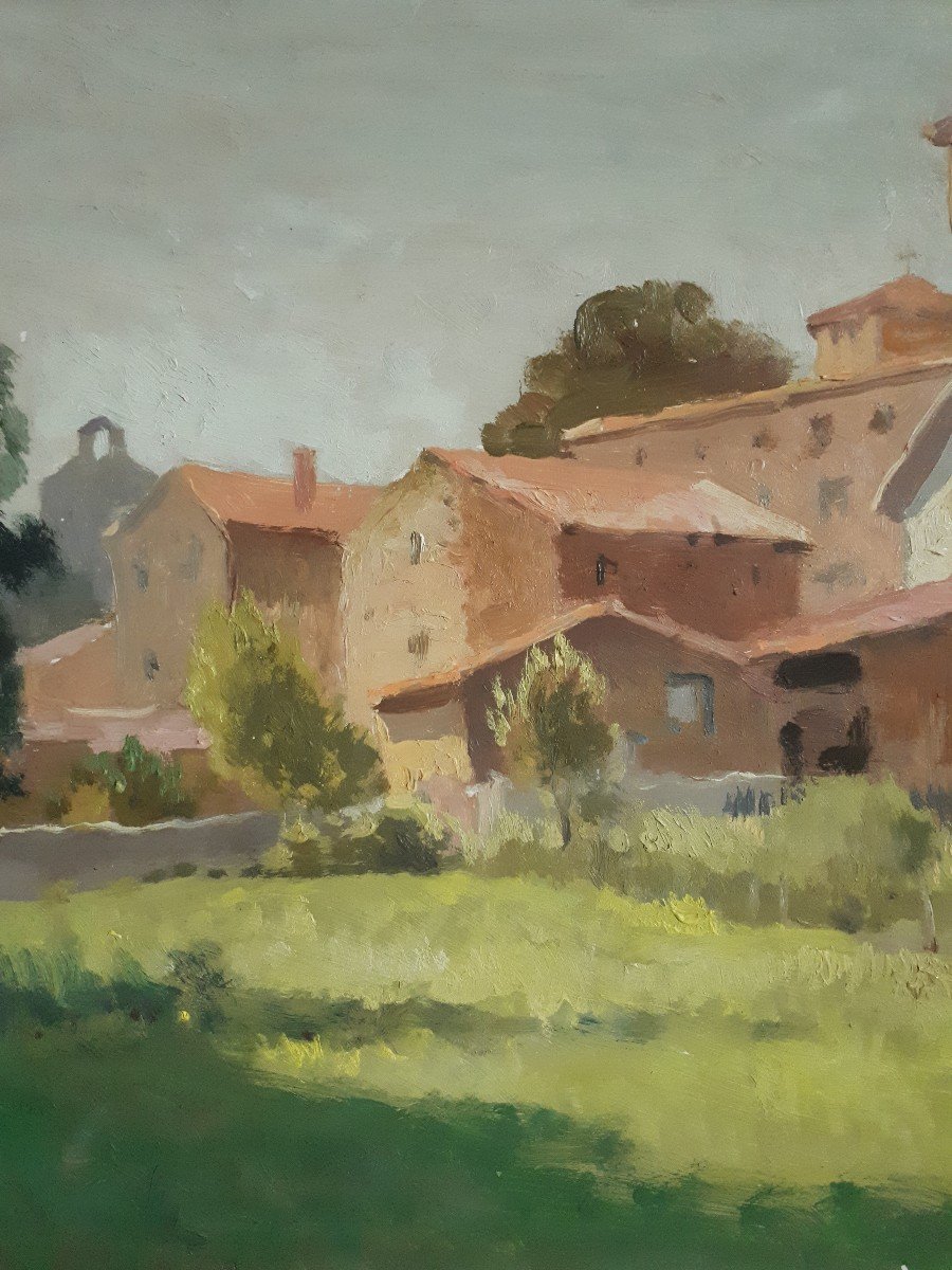 Tableau huile sur panneau paysage printanier village-photo-4