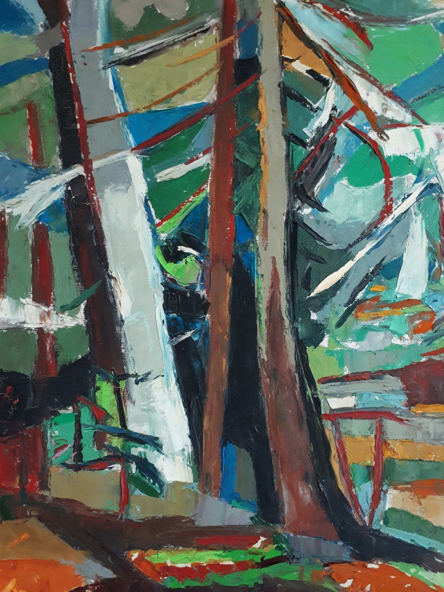 Marguerite LACROUX (1892-1972) grande huile sur toile paysage forêt sous-bois-photo-2