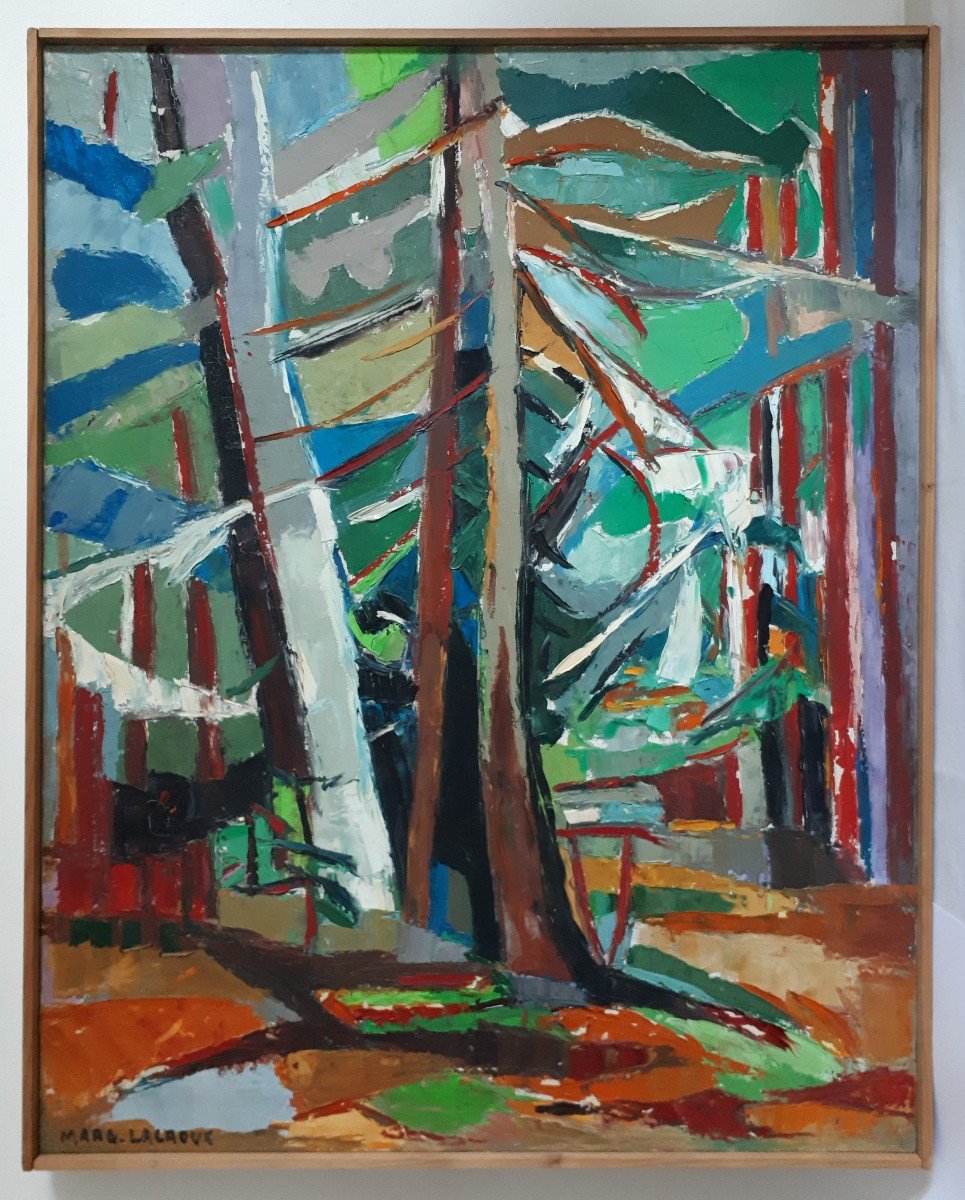 Marguerite LACROUX (1892-1972) grande huile sur toile paysage forêt sous-bois