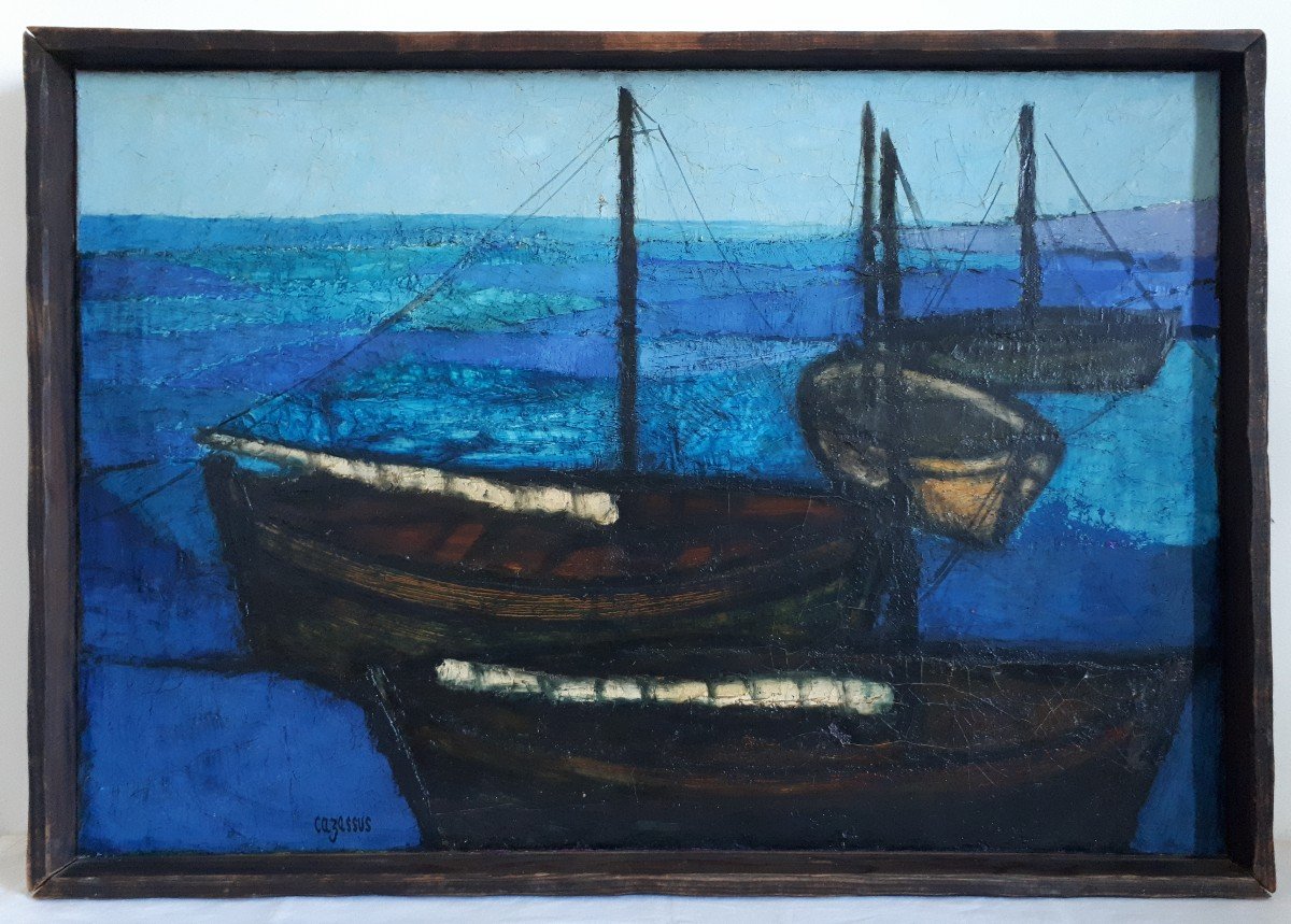 René CAZASSUS (né en 1932) huile sur toile marine paysage marin bateaux