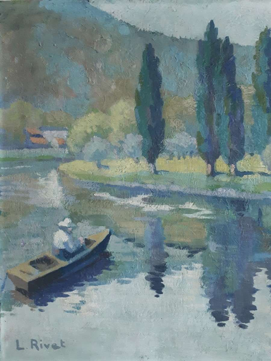 Oil On Canvas Lake Landscape Boat L. Rivet-photo-2