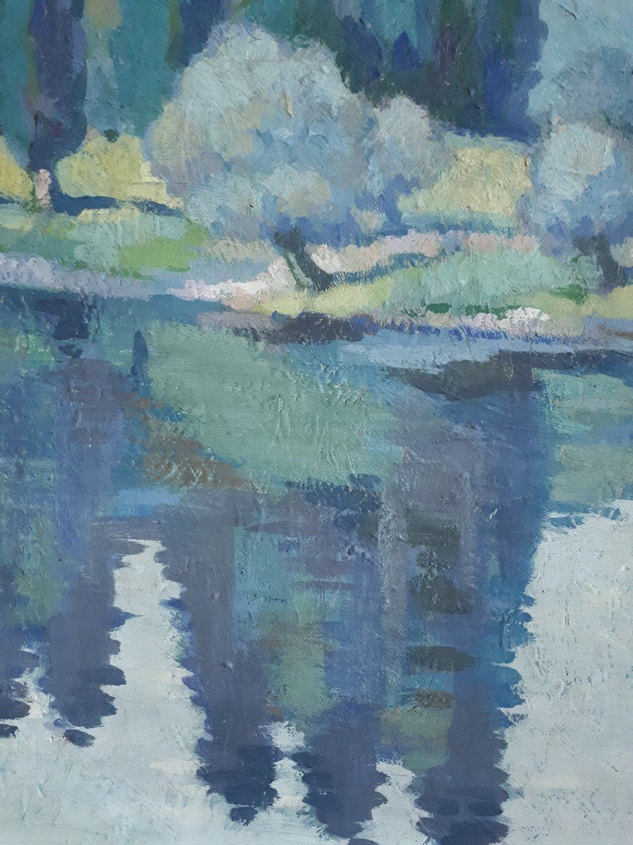 Oil On Canvas Lake Landscape Boat L. Rivet-photo-3