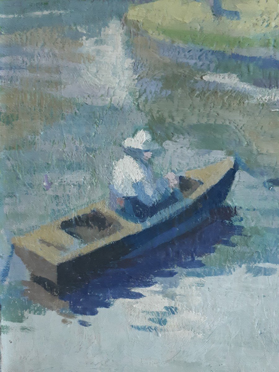 Oil On Canvas Lake Landscape Boat L. Rivet-photo-4