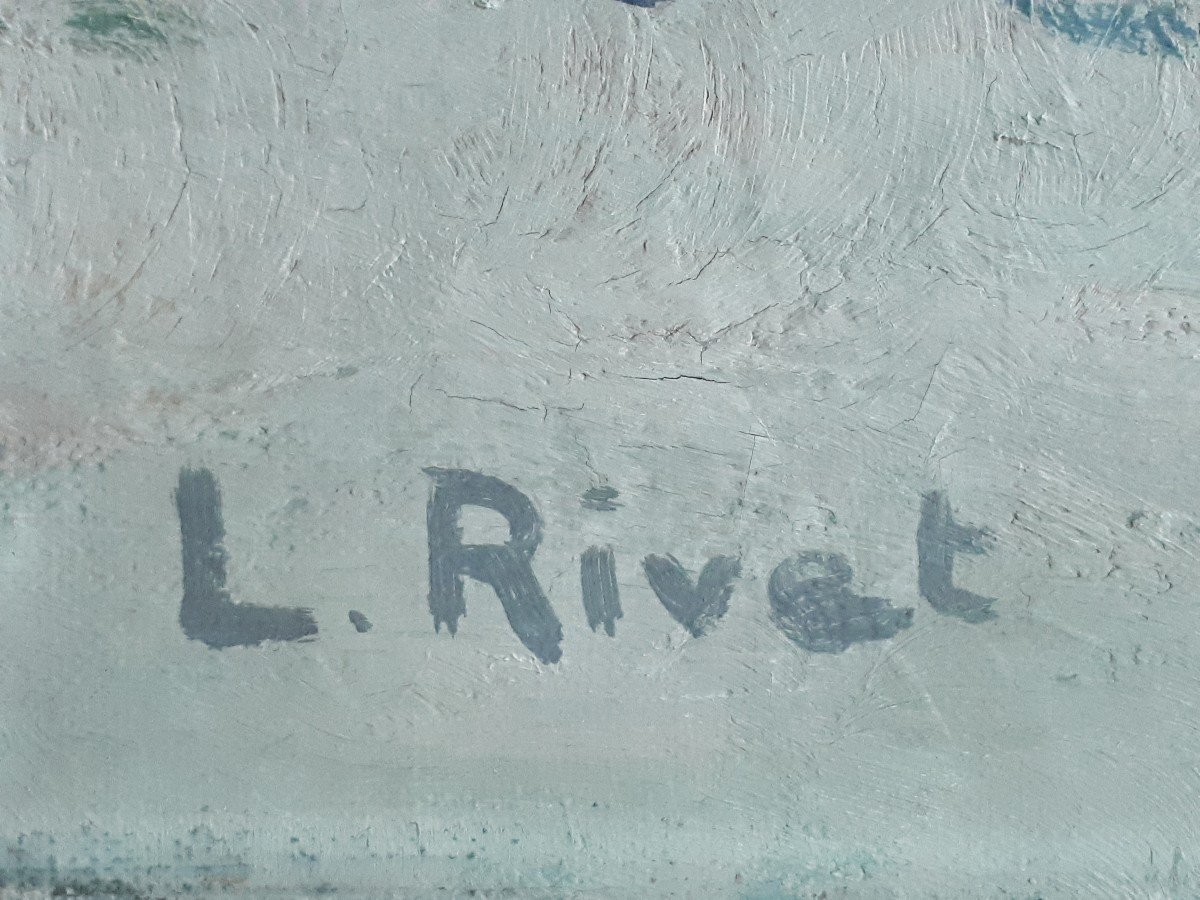 Huile sur toile paysage lacustre barque L. RIVET-photo-7