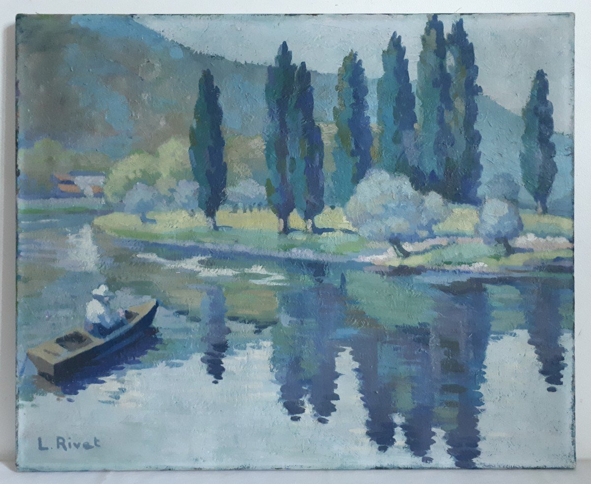 Oil On Canvas Lake Landscape Boat L. Rivet