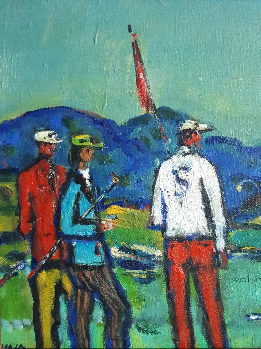 Painting Oil On Canvas Round Of Golf Golfers (signed)-photo-3