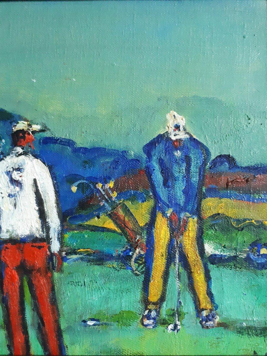 Painting Oil On Canvas Round Of Golf Golfers (signed)-photo-4