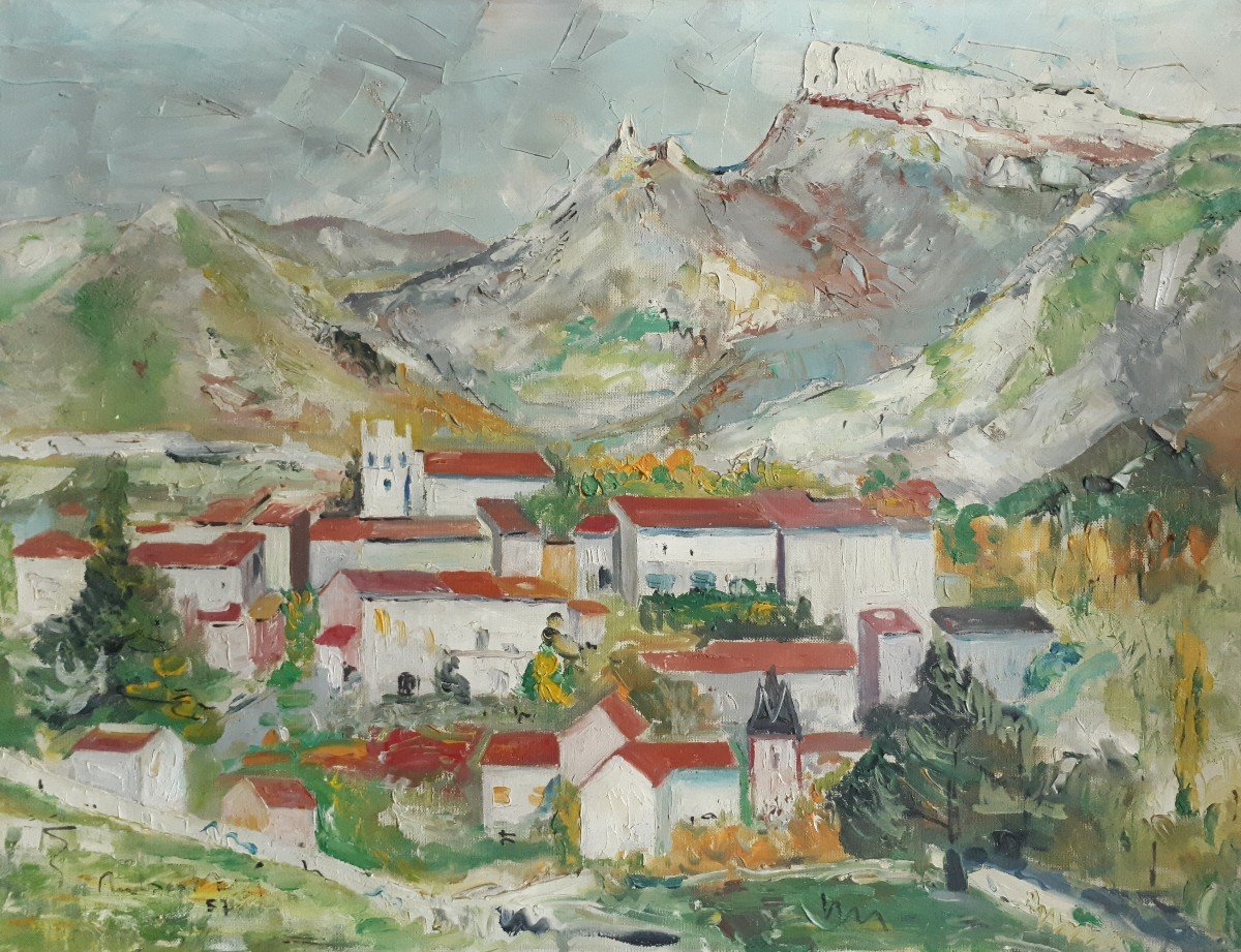 Tableau huile sur toile paysage vallonné village montagne 1957 (signé)-photo-2