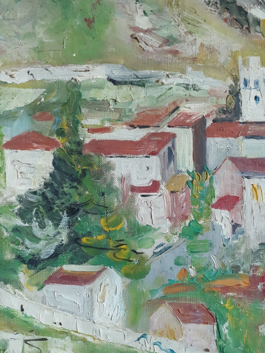 Tableau huile sur toile paysage vallonné village montagne 1957 (signé)-photo-1