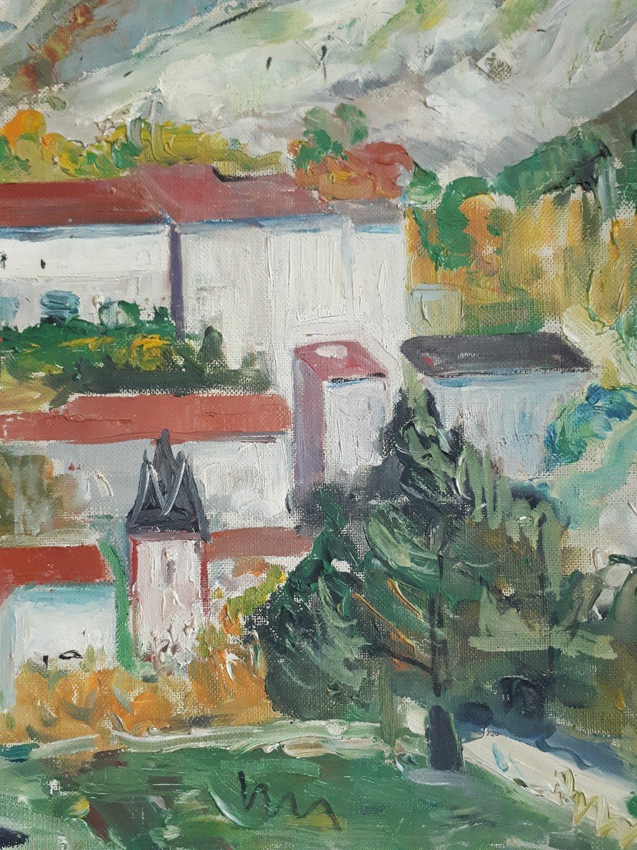 Tableau huile sur toile paysage vallonné village montagne 1957 (signé)-photo-3