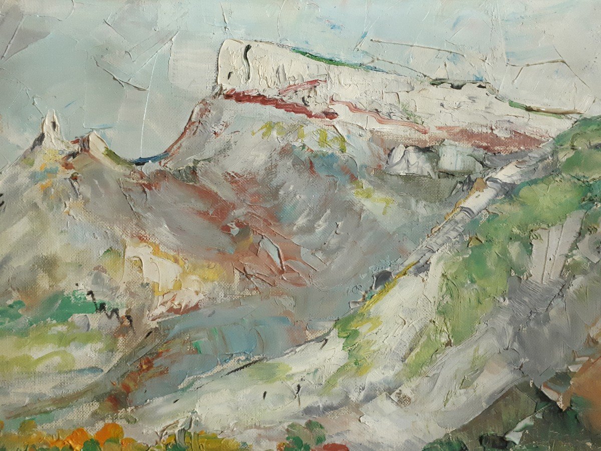 Tableau huile sur toile paysage vallonné village montagne 1957 (signé)-photo-5