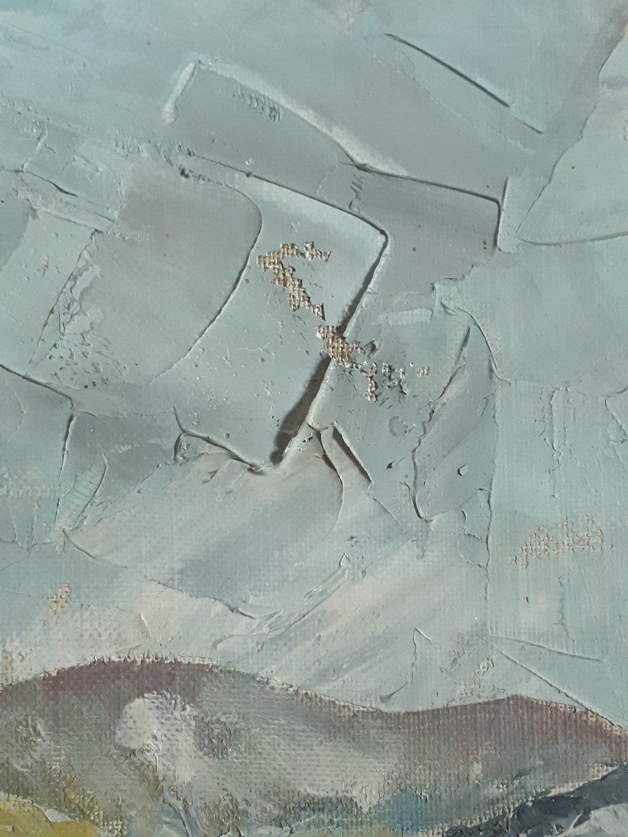 Tableau huile sur toile paysage vallonné village montagne 1957 (signé)-photo-6
