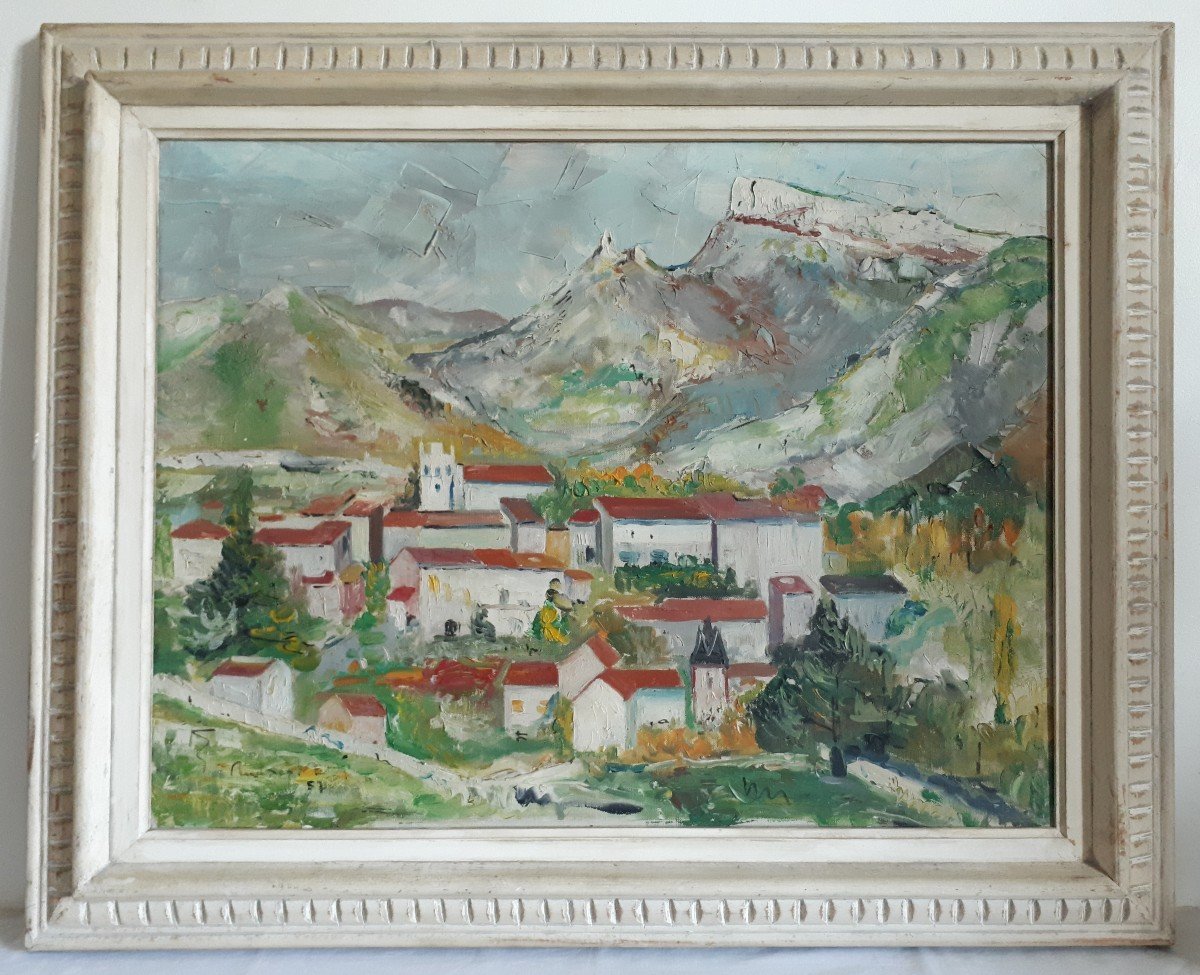 Tableau huile sur toile paysage vallonné village montagne 1957 (signé)