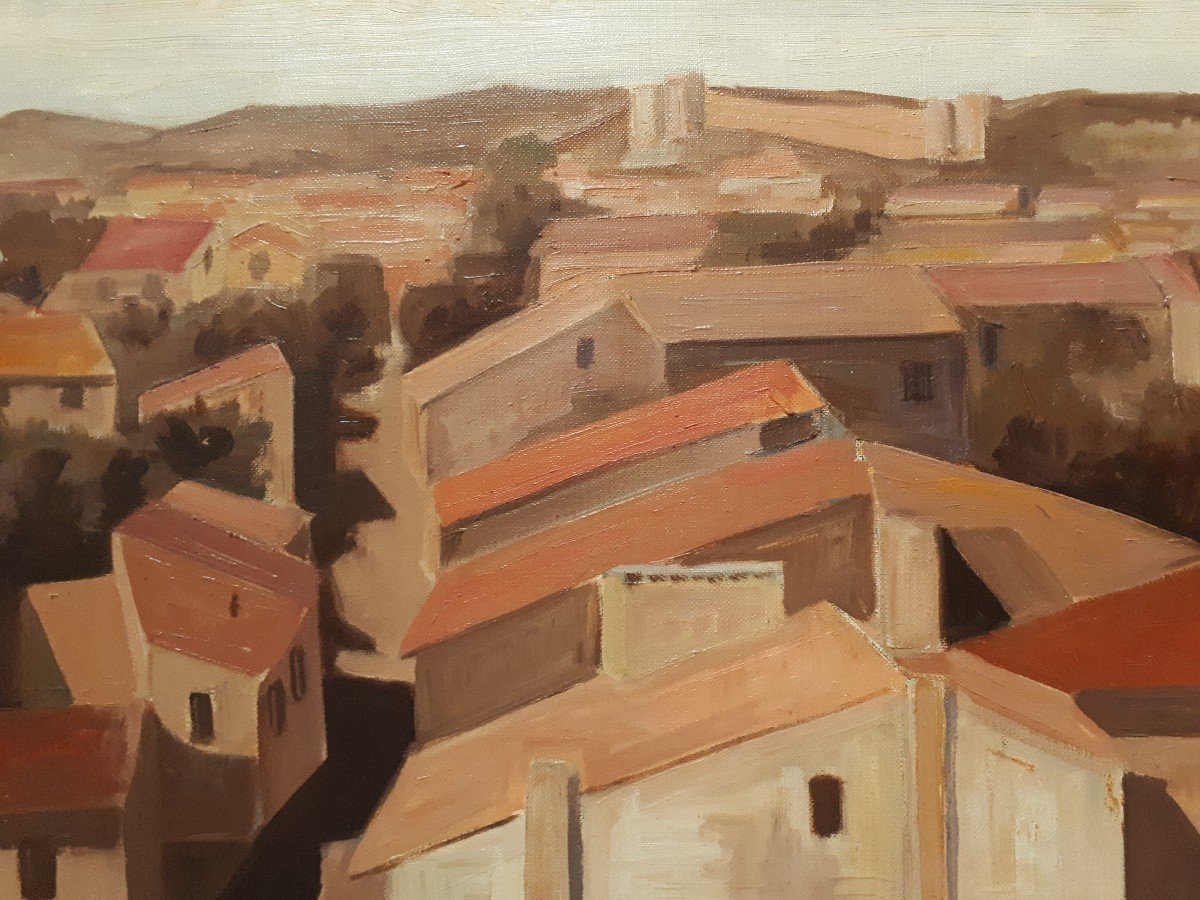 Tableau huile sur toile paysage urbain toits (signé)-photo-2