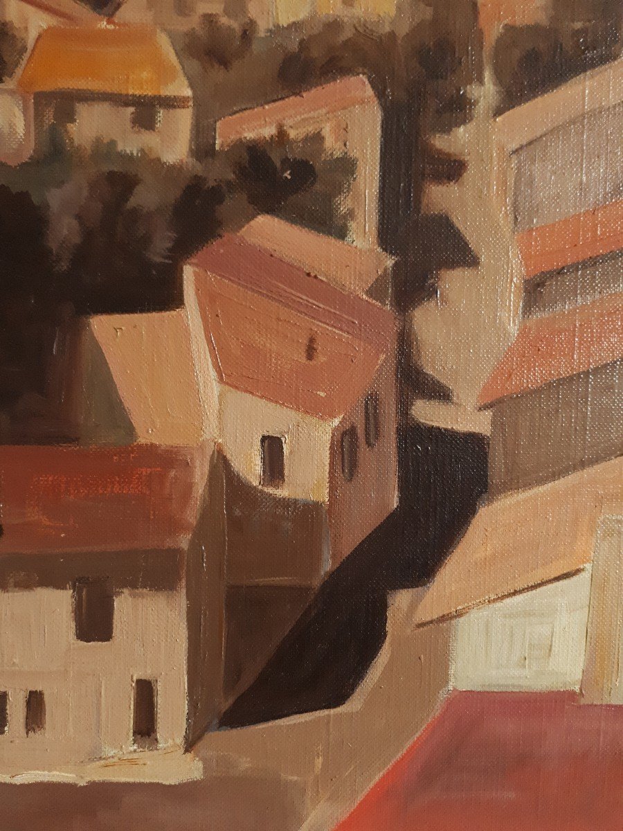 Tableau huile sur toile paysage urbain toits (signé)-photo-4