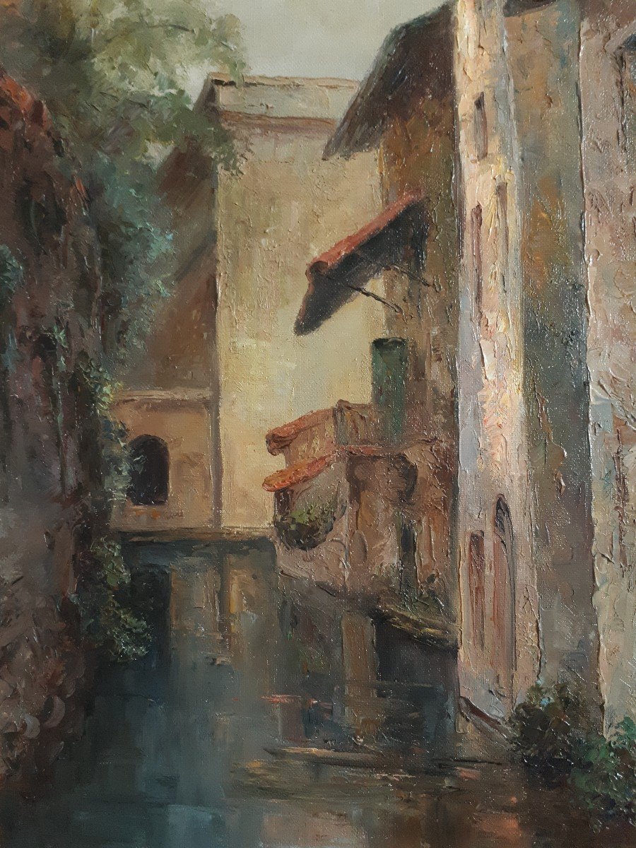 Anne-marie Vidaillet (1891-1974) Oil On Canvas Landscape River Canal-photo-4