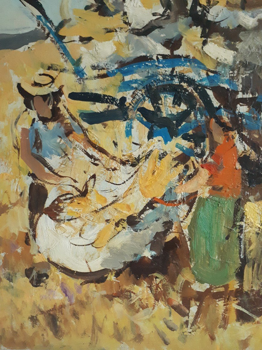 Pierre GONTARD (né en 1927) huile sur panneau scène de moisson-photo-1