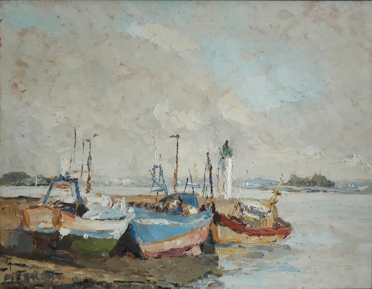 Oil On Panel Marine Fishing Boats Seaside Perron